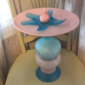 Pink and Turquoise glass birdbath to beautify your garden!  It shines as the lig